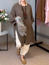 Damska sukienka z okrągłym dekoltem, rękawami 3/4, swobodna, lniana, z rozcięciem