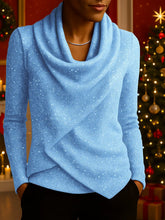 Damski luźny, dzianinowy top z cekinami i długim rękawem, z rozkloszowanym dekoltem