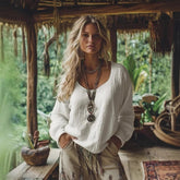 New European And American Cross-Border Amazon Hot-Selling Casual Loose Fashionable Long-Sleeved Cotton Linen Solid Color Round Neck Top Shirt