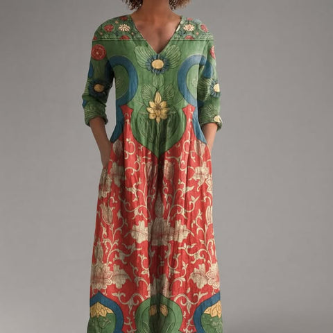 Vintage Floral Print Crewneck Pocket Midi Dress