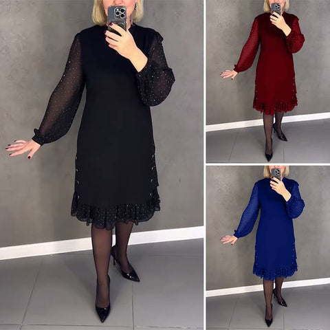 🔥👗[S~5XL]Nowa modna, luźna sukienka z falbaną, w jednolitym kolorze, z długim rękawem