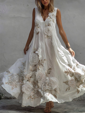 Wintageowe białe róże – Flowery sukienka maxi z lnianej tkaniny w stylu fiber art