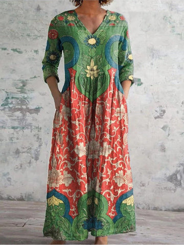 Vintage Floral Print Crewneck Pocket Midi Dress