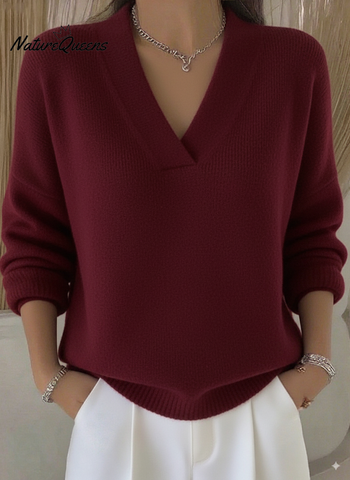 Damski sweter w jednolitym kolorze z dekoltem w serek