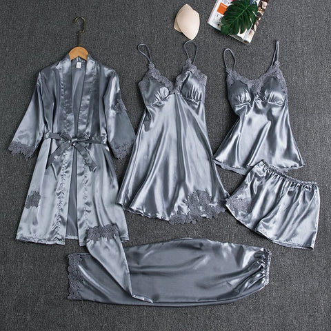 🔥🌹Specjalne oferty letnie💕Seksowna, pięcioczęściowa koszula nocna z lodowego jedwabiu dla kobiet