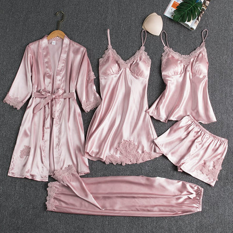 🔥🌹Specjalne oferty letnie💕Seksowna, pięcioczęściowa koszula nocna z lodowego jedwabiu dla kobiet