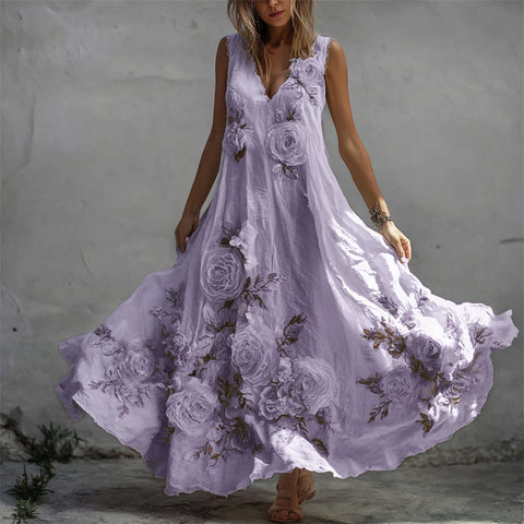 Wintageowe białe róże – Flowery sukienka maxi z lnianej tkaniny w stylu fiber art