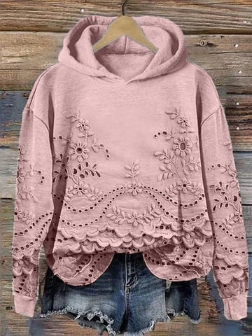 Damska bluza z kapturem i kieszeniami, z teksturą i kwiatowymi wzorami, w stylu casual