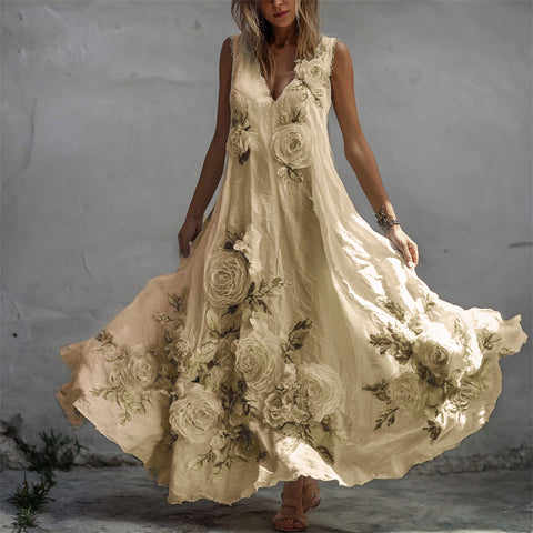 Wintageowe białe róże – Flowery sukienka maxi z lnianej tkaniny w stylu fiber art