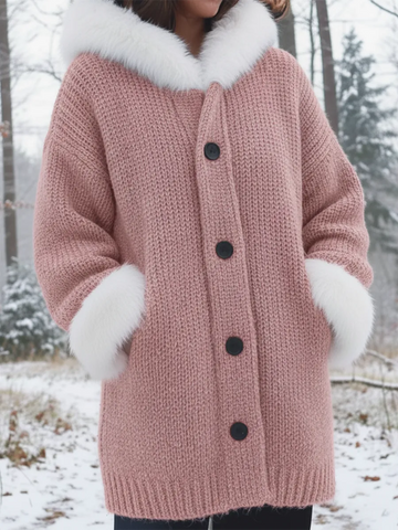 Przytulny płaszcz z kołnierzem futrzanym, dzianinowy, patchworkowy, zapinany na guziki