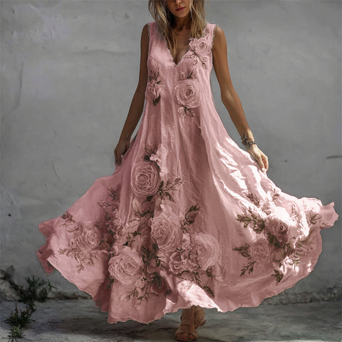 Wintageowe białe róże – Flowery sukienka maxi z lnianej tkaniny w stylu fiber art