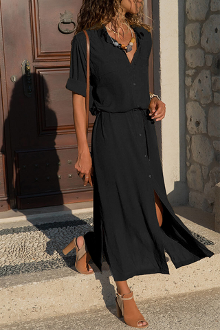 Casual Solid Patchwork Turndown Collar Shirt Dress Dresses