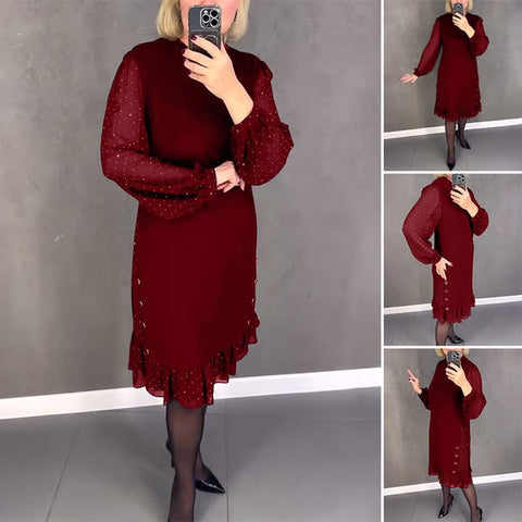 🔥👗[S~5XL]Nowa modna, luźna sukienka z falbaną, w jednolitym kolorze, z długim rękawem