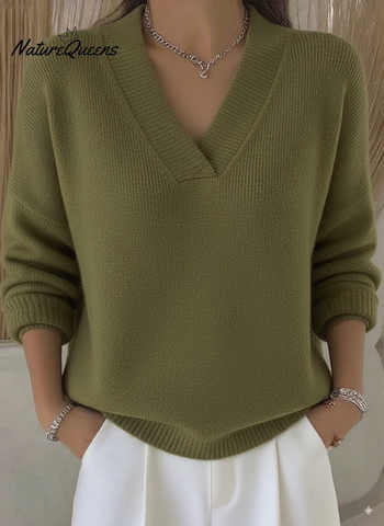 Damski sweter w jednolitym kolorze z dekoltem w serek