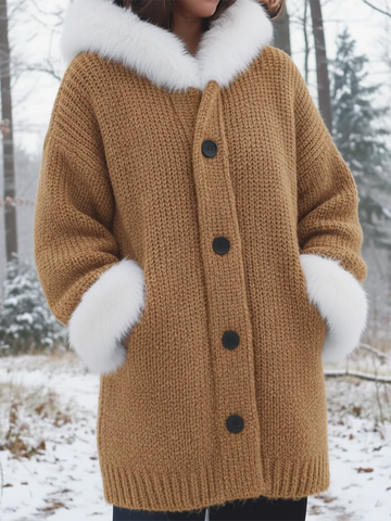 Przytulny płaszcz z kołnierzem futrzanym, dzianinowy, patchworkowy, zapinany na guziki