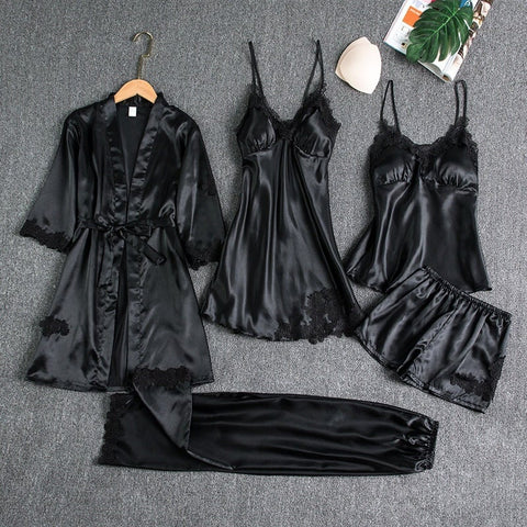 🔥🌹Specjalne oferty letnie💕Seksowna, pięcioczęściowa koszula nocna z lodowego jedwabiu dla kobiet