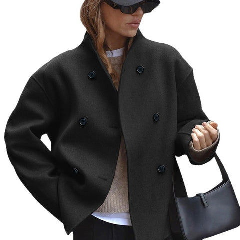 European Code Cross-Border Spot Women'S Double-Breasted Solid Color Tweed Coat Jacket Casual Temperament British Style Versatile Top Women