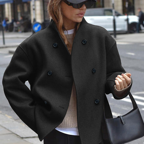 European Code Cross-Border Spot Women'S Double-Breasted Solid Color Tweed Coat Jacket Casual Temperament British Style Versatile Top Women