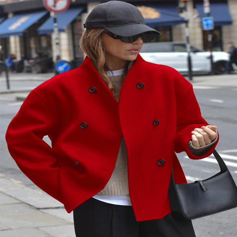 European Code Cross-Border Spot Women'S Double-Breasted Solid Color Tweed Coat Jacket Casual Temperament British Style Versatile Top Women
