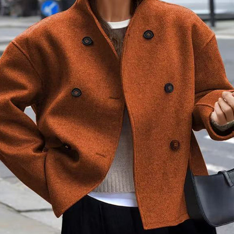 European Code Cross-Border Spot Women'S Double-Breasted Solid Color Tweed Coat Jacket Casual Temperament British Style Versatile Top Women