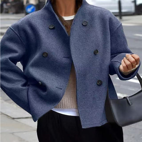 European Code Cross-Border Spot Women'S Double-Breasted Solid Color Tweed Coat Jacket Casual Temperament British Style Versatile Top Women