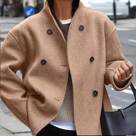 European Code Cross-Border Spot Women'S Double-Breasted Solid Color Tweed Coat Jacket Casual Temperament British Style Versatile Top Women