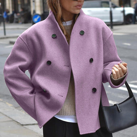 European Code Cross-Border Spot Women'S Double-Breasted Solid Color Tweed Coat Jacket Casual Temperament British Style Versatile Top Women
