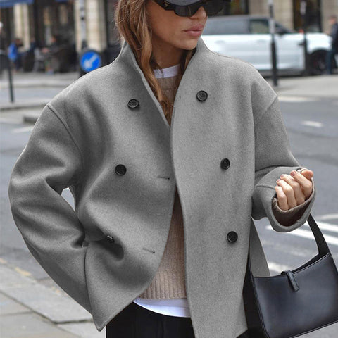 European Code Cross-Border Spot Women'S Double-Breasted Solid Color Tweed Coat Jacket Casual Temperament British Style Versatile Top Women