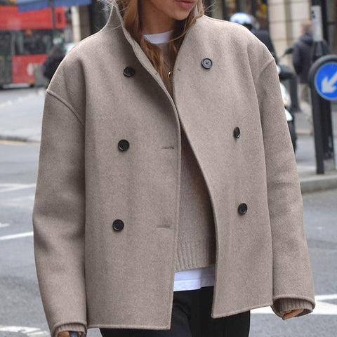 European Code Cross-Border Spot Women'S Double-Breasted Solid Color Tweed Coat Jacket Casual Temperament British Style Versatile Top Women