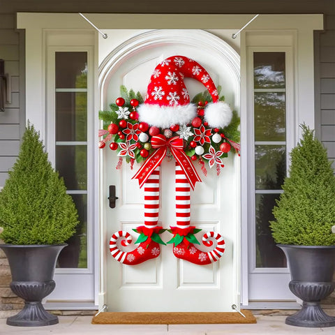 Świąteczny baner z nogami elfa na drzwiach