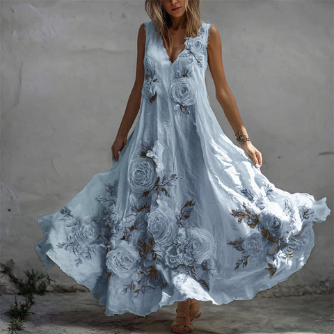 Wintageowe białe róże – Flowery sukienka maxi z lnianej tkaniny w stylu fiber art