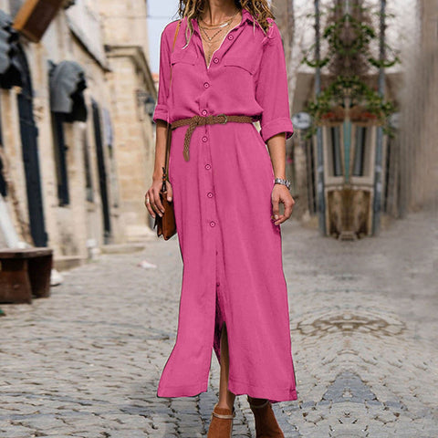 Casual Solid Patchwork Turndown Collar Shirt Dress Dresses