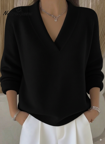 Damski sweter w jednolitym kolorze z dekoltem w serek