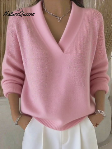 Damski sweter w jednolitym kolorze z dekoltem w serek