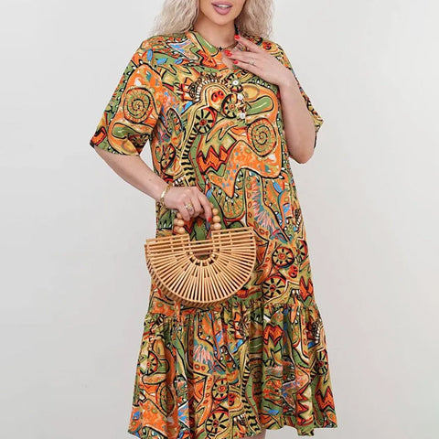 🔥 [S-4XL] 🎨👗 Női alkalmi rövid ujjú színes nyomtatott ruha