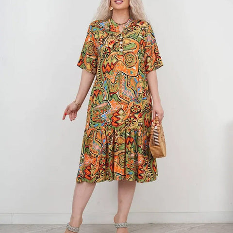 🔥 [S-4XL] 🎨👗 Női alkalmi rövid ujjú színes nyomtatott ruha