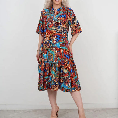 🔥 [S-4XL] 🎨👗 Női alkalmi rövid ujjú színes nyomtatott ruha