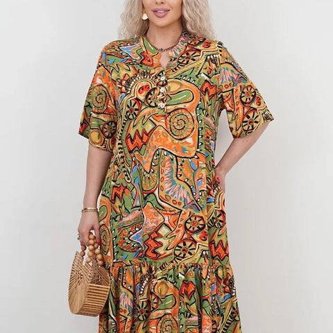🔥 [S-4XL] 🎨👗 Női alkalmi rövid ujjú színes nyomtatott ruha