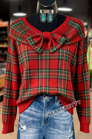 Casualowy sweter w kratę z kokardką