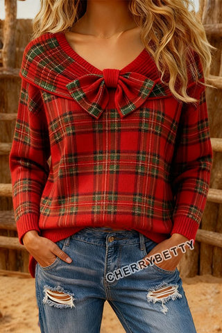 Casualowy sweter w kratę z kokardką